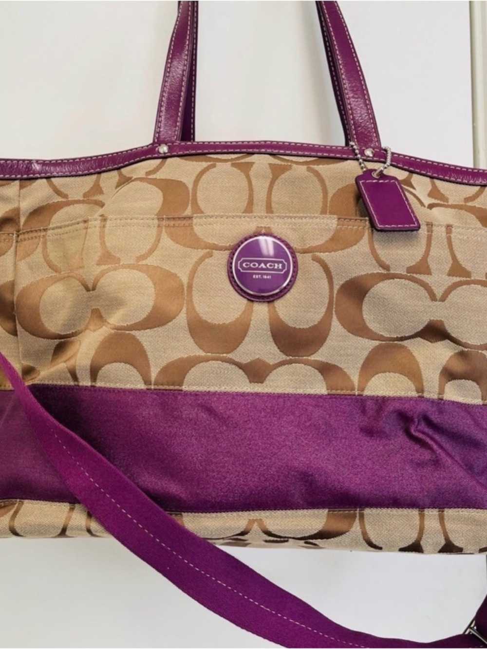 Coach Tan Signature Canvas Tote with Purple Leather Trim